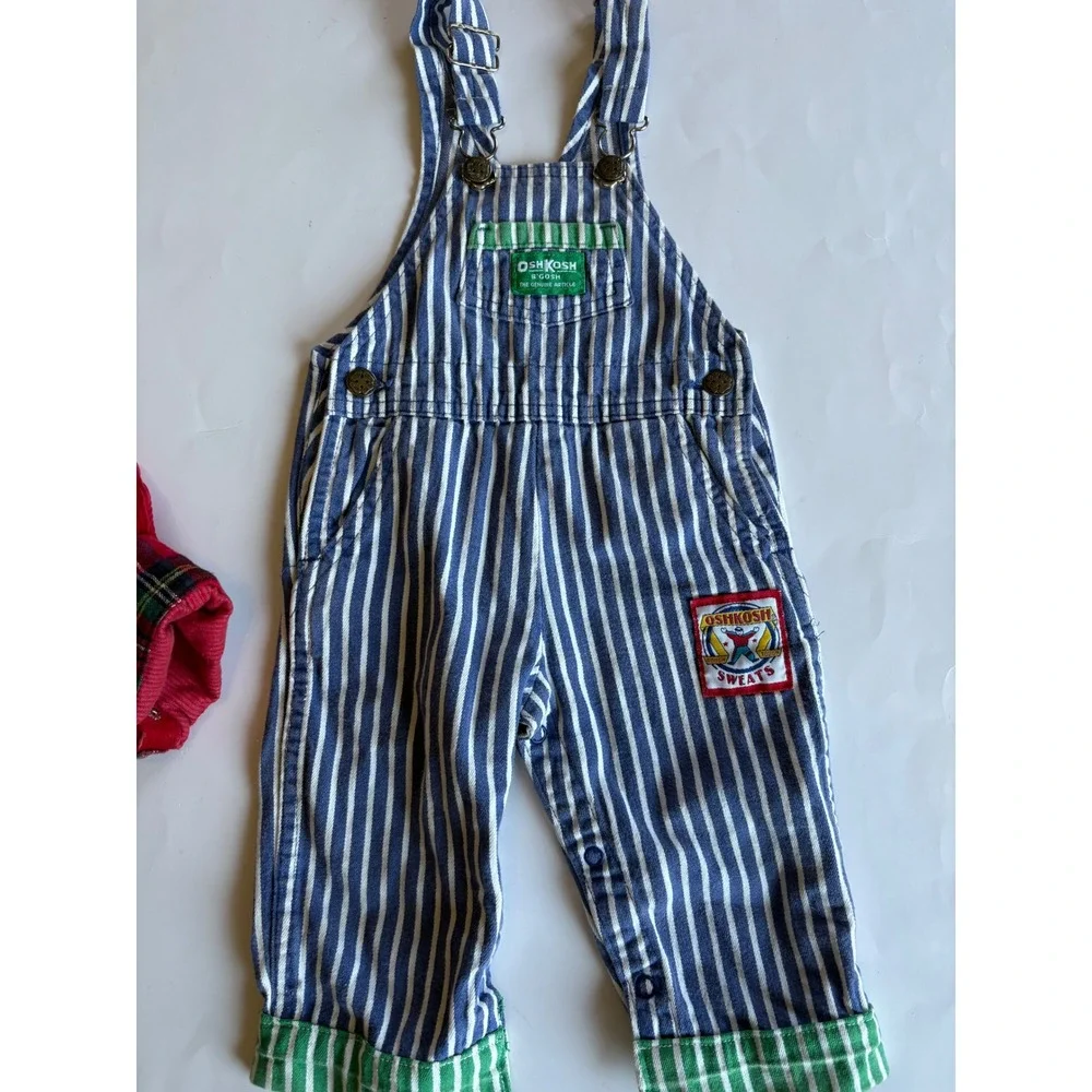 Vintage OshKosh Bgosh Baby Overalls Bundle Red Corduroy Hickory Stripe 12M USA